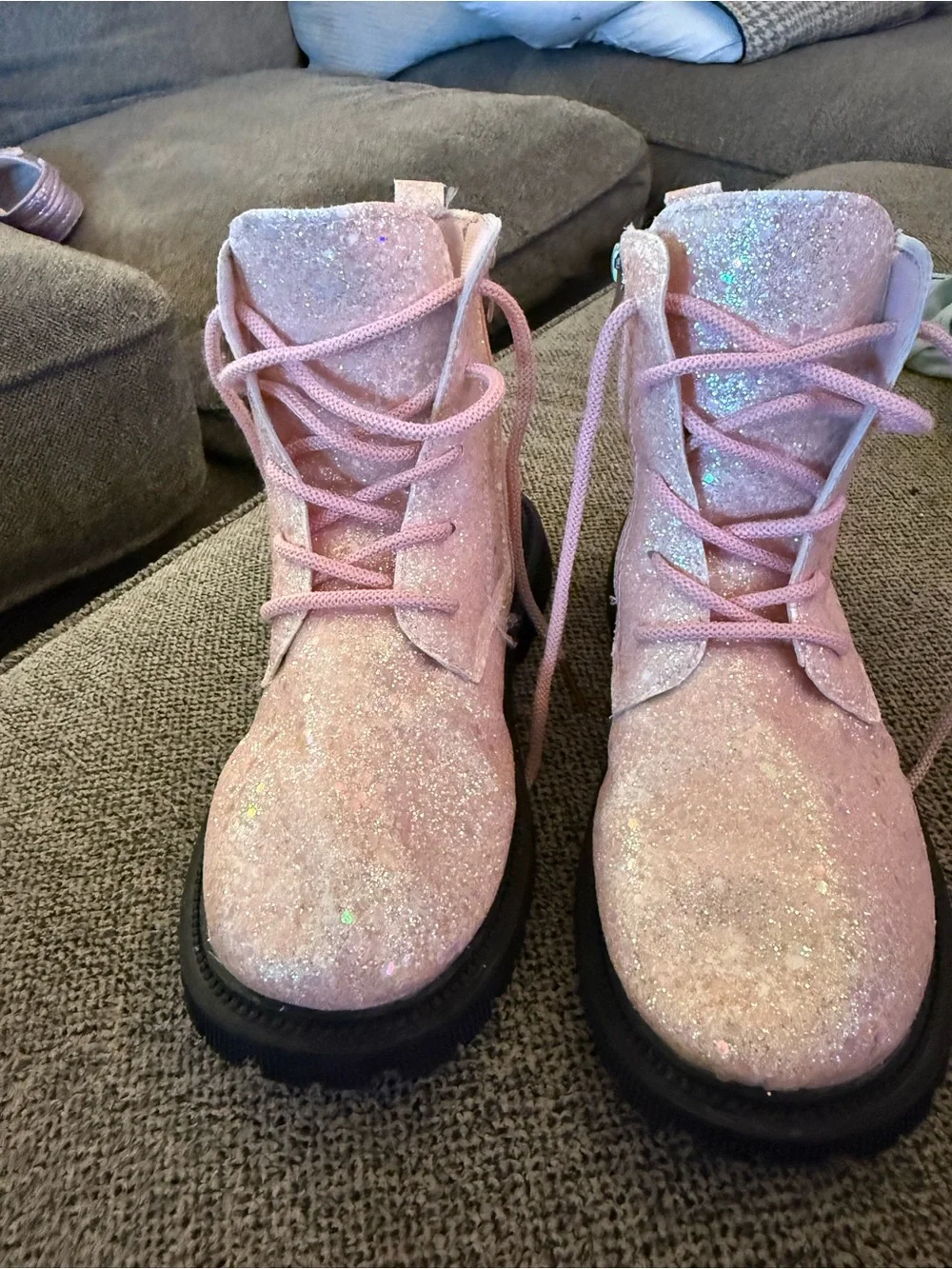 Worn once! SHEIN Pink Glitter Lace-Up Kids Boots